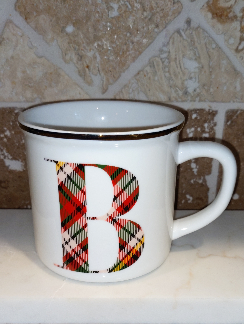POTTERY BARN STEWART PLAID"B" INITIAL Monogram MUG ALPHABET STONEWARE CUP New